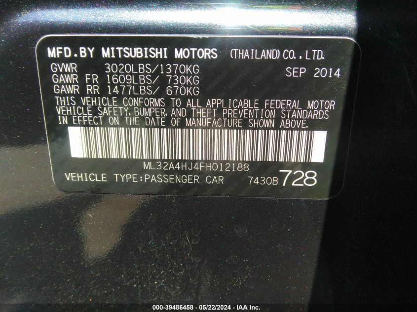 2015 Mitsubishi Mirage Es VIN: ML32A4HJ4FH012188 Lot: 39486458