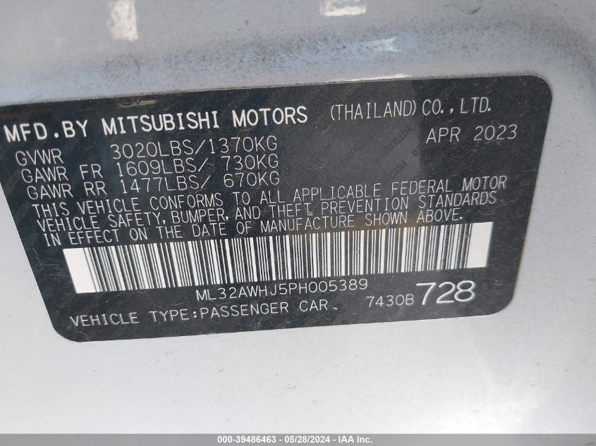 2023 Mitsubishi Mirage Ralliart VIN: ML32AWHJ5PH005389 Lot: 39486463