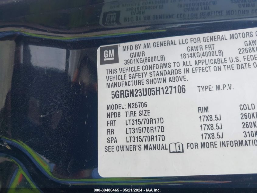 2005 Hummer H2 Suv VIN: 5GRGN23U05H127106 Lot: 39486465