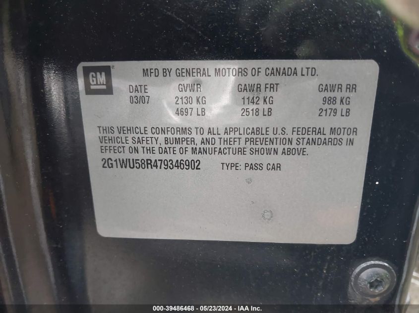 2007 Chevrolet Impala Ltz VIN: 2G1WU58R479346902 Lot: 39486468