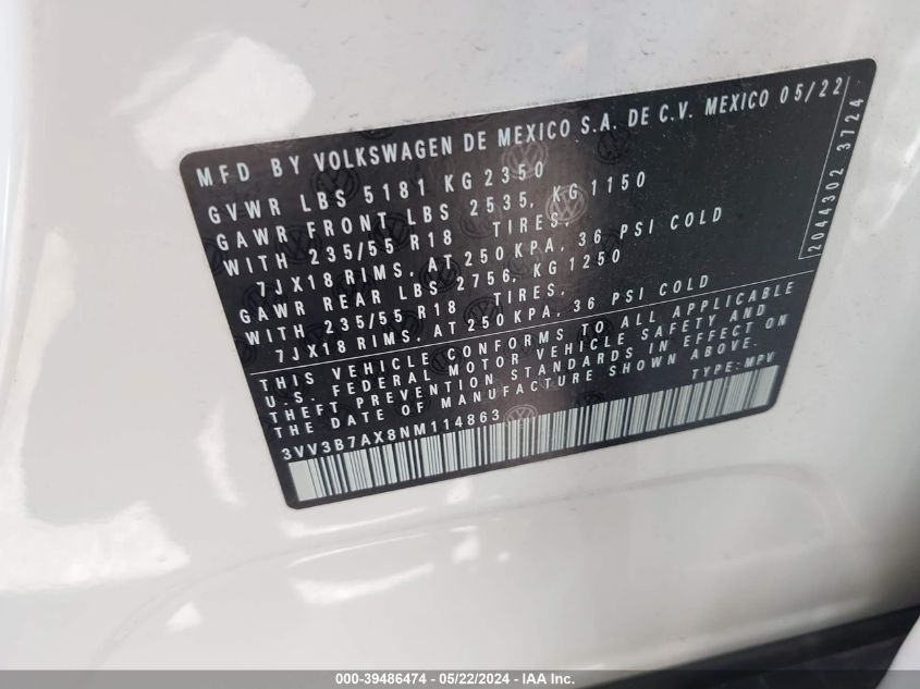 2022 Volkswagen Tiguan 2.0T Se VIN: 3VV3B7AX8NM114863 Lot: 39486474