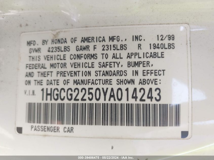 2000 Honda Accord 3.0 Ex VIN: 1HGCG2250YA014243 Lot: 39486475