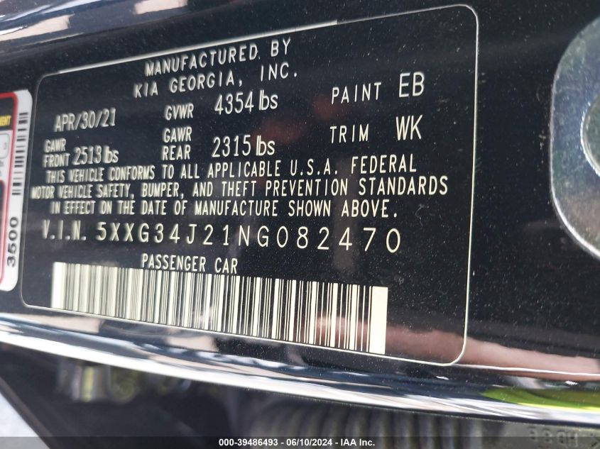 2022 Kia K5 Ex VIN: 5XXG34J21NG082470 Lot: 39486493