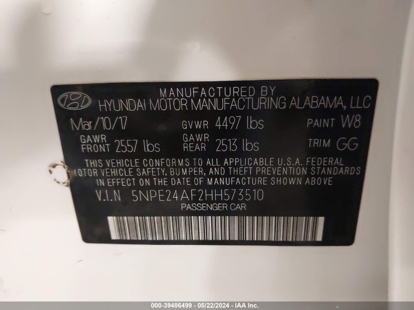 2017 Hyundai Sonata VIN: 5NPE24AF2HH573510 Lot: 39486499