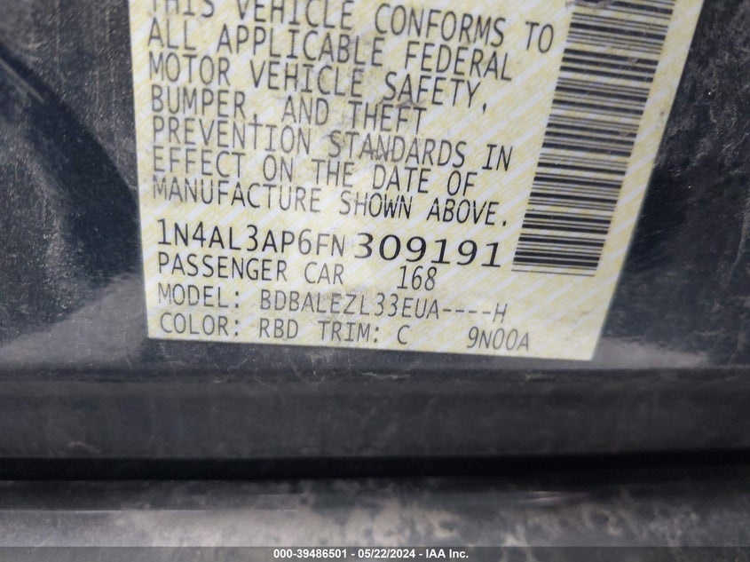 2015 Nissan Altima 2.5 S VIN: 1N4AL3AP6FN309191 Lot: 39486501