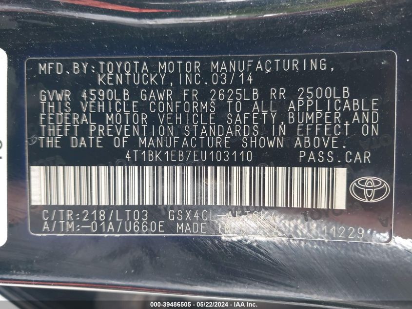 2014 TOYOTA AVALON XLE TOURING - 4T1BK1EB7EU103110