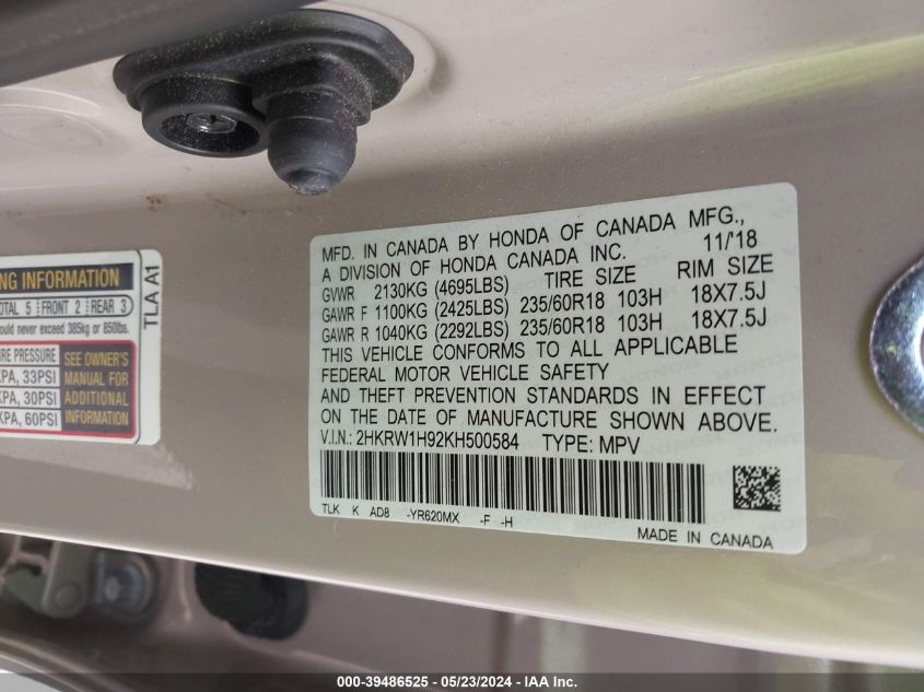 2019 Honda Cr-V Touring VIN: 2HKRW1H92KH500584 Lot: 39486525