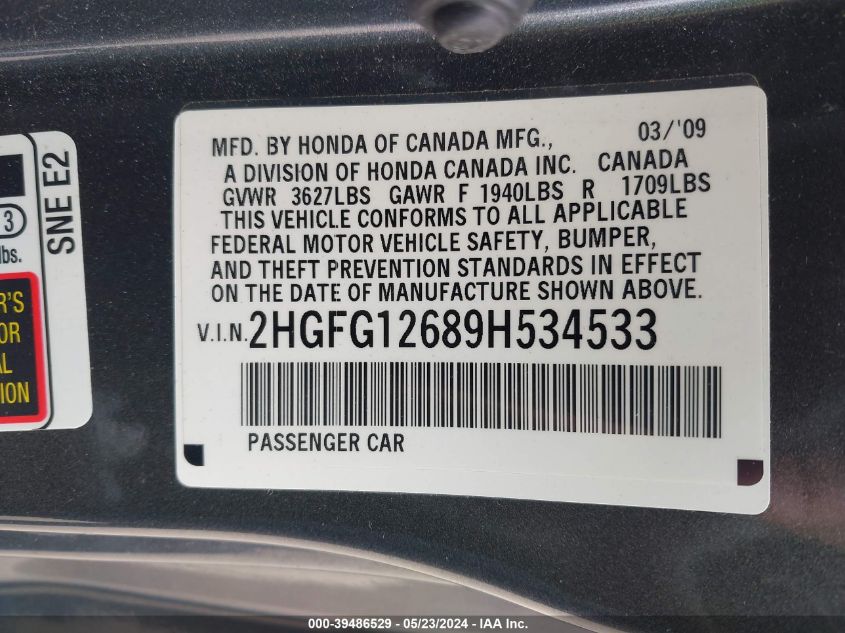 2009 Honda Civic Lx VIN: 2HGFG12689H534533 Lot: 39486529