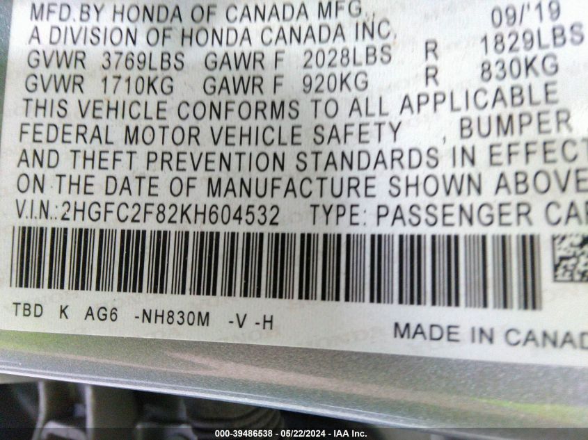 2019 Honda Civic Sport VIN: 2HGFC2F82KH604532 Lot: 39486538