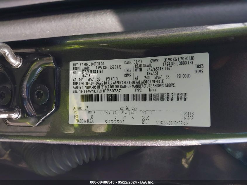 2017 Ford F-150 Xlt VIN: 1FTFW1EF2HFB60787 Lot: 39486543