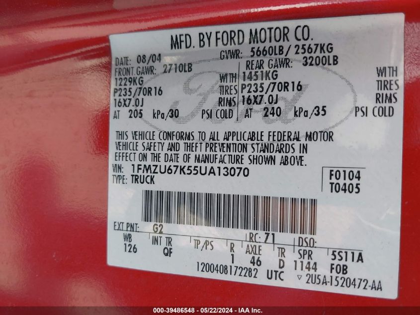 2005 Ford Explorer Sport Trac Adrenalin/Xls/Xlt VIN: 1FMZU67K55UA13070 Lot: 39486548