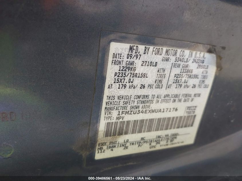 1998 Ford Explorer Eddie Bauer/Limited/Xl/Xlt VIN: 1FMZU34EXWUA17176 Lot: 39486561