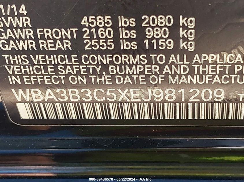 2014 BMW 328 Xi VIN: WBA3B3C5XEJ981209 Lot: 39486578