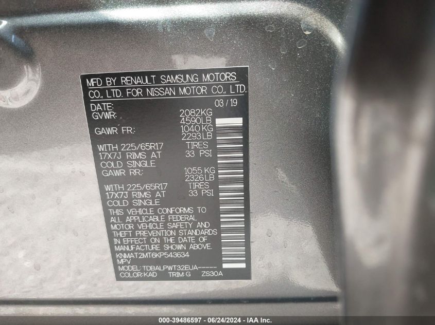 2019 Nissan Rogue S VIN: KNMAT2MT6KP543634 Lot: 39486597