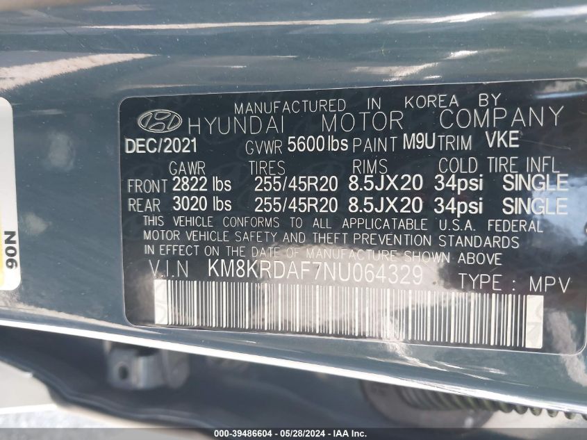 2022 Hyundai Ioniq 5 Limited VIN: KM8KRDAF7NU064329 Lot: 39486604