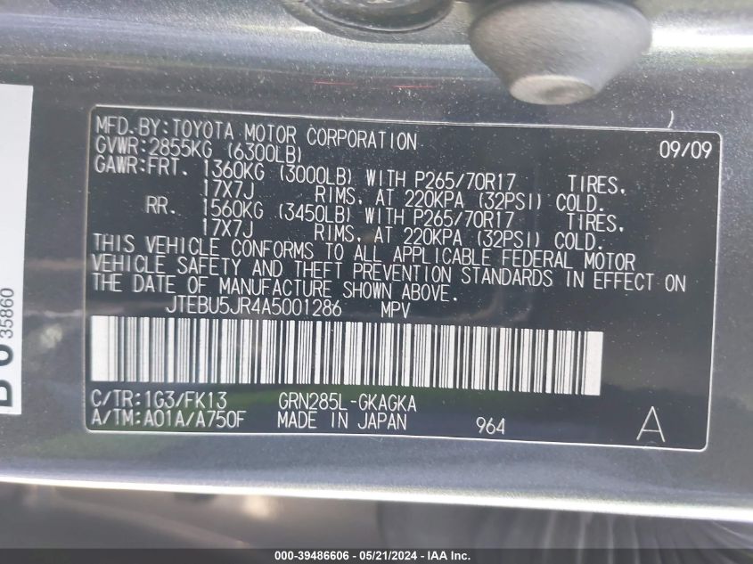 2010 Toyota 4Runner Sr5 V6 VIN: JTEBU5JR4A5001286 Lot: 39486606