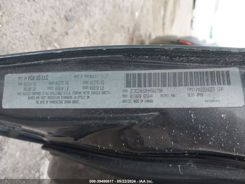 2017 Dodge Charger Sxt Rwd VIN: 2C3CDXHG8HH562798 Lot: 39486617