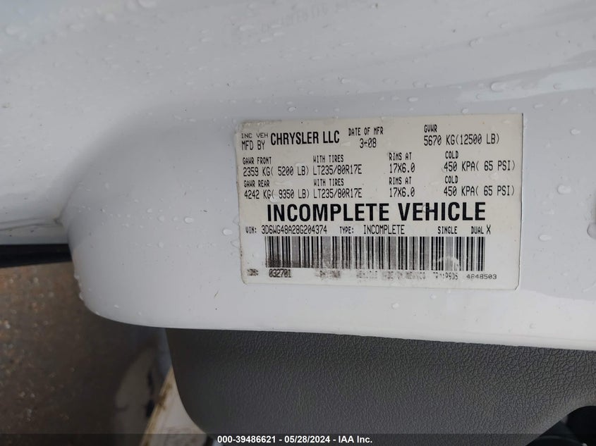2008 Dodge Ram 3500 Hd Chassis St/Slt/Laramie VIN: 3D6WG48A28G204374 Lot: 39486621
