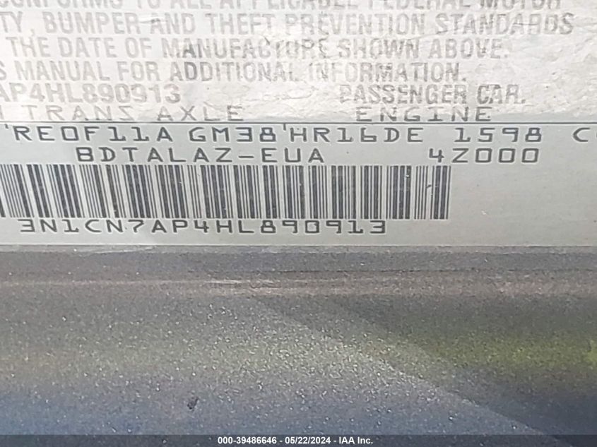 2017 Nissan Versa 1.6 S+ VIN: 3N1CN7AP4HL890913 Lot: 39486646