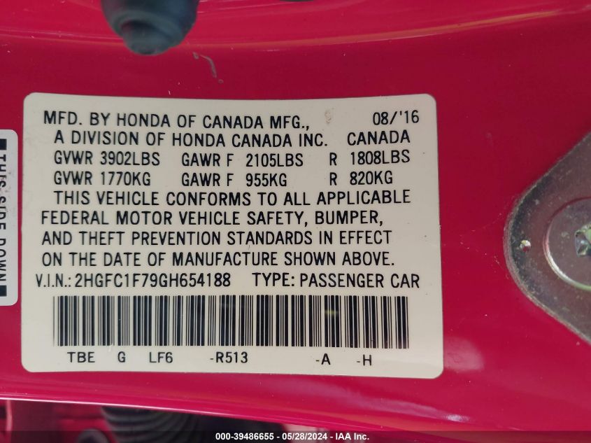 2HGFC1F79GH654188 2016 Honda Civic Ex-L