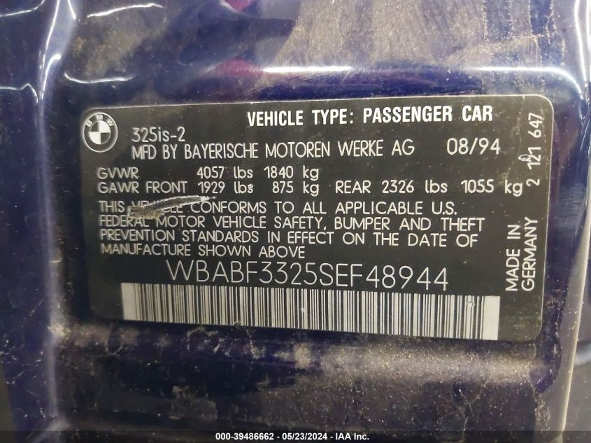 1995 BMW 325 Is VIN: WBABF3325SEF48944 Lot: 39486662