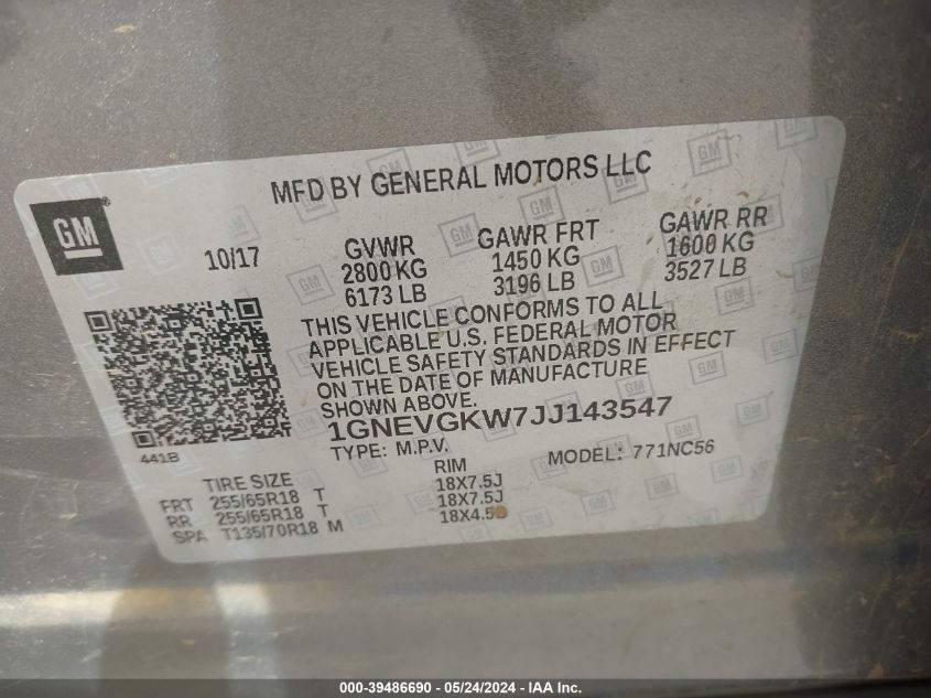 2018 Chevrolet Traverse 1Lt VIN: 1GNEVGKW7JJ143547 Lot: 39486690