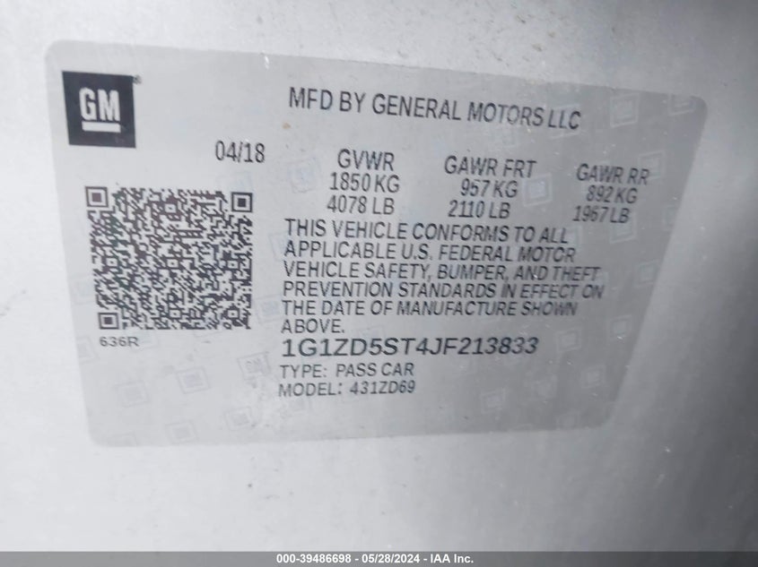 2018 Chevrolet Malibu Lt VIN: 1G1ZD5ST4JF213833 Lot: 39486698