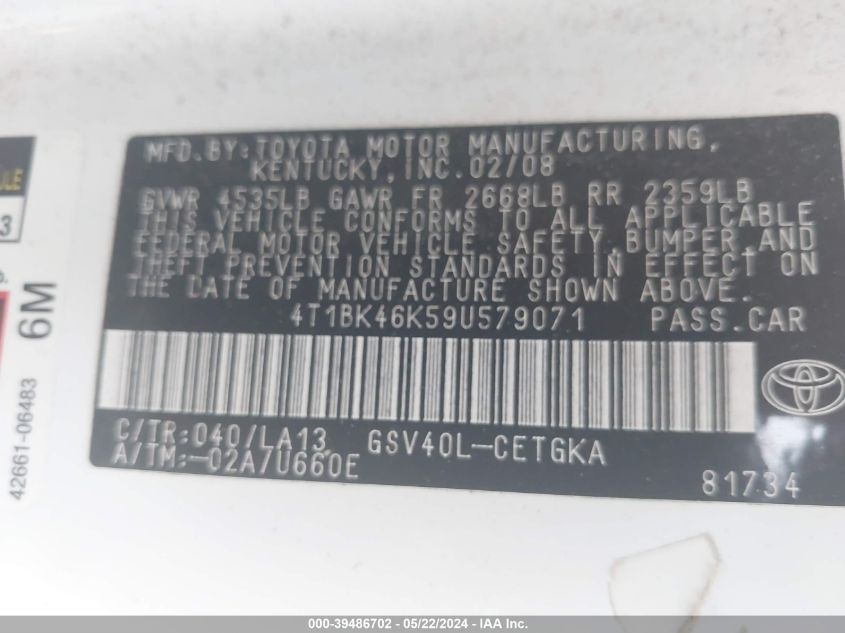 2009 Toyota Camry Xle V6 VIN: 4T1BK46K59U579071 Lot: 39486702