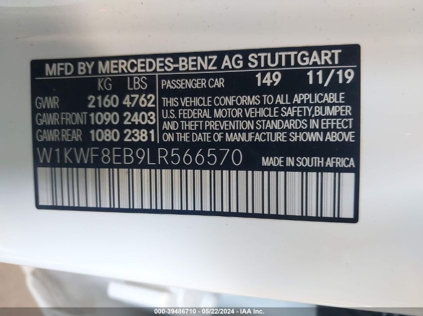 2020 Mercedes-Benz C 300 4Matic VIN: W1KWF8EB9LR566570 Lot: 39486710