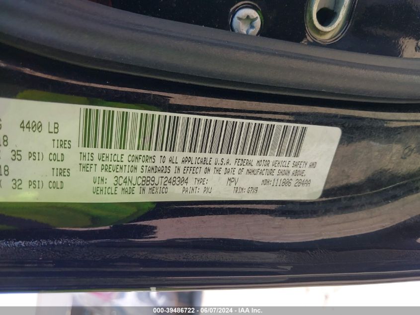 2018 Jeep Compass Latitude Fwd VIN: 3C4NJCBB9JT248304 Lot: 39486722