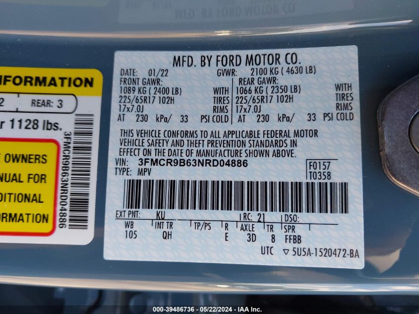 2022 Ford Bronco Sport Big Bend VIN: 3FMCR9B63NRD04886 Lot: 39486736