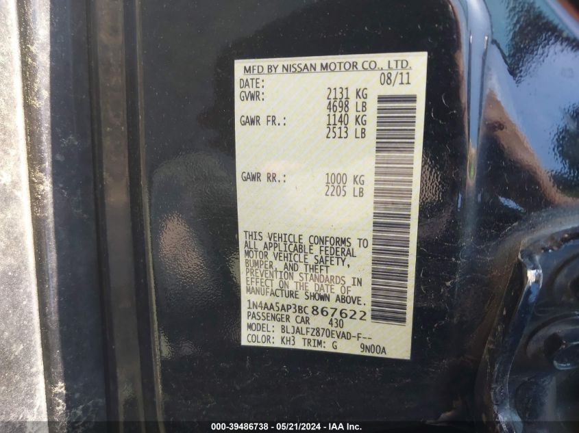 2011 Nissan Maxima 3.5 Sv VIN: 1N4AA5AP3BC867622 Lot: 39486738