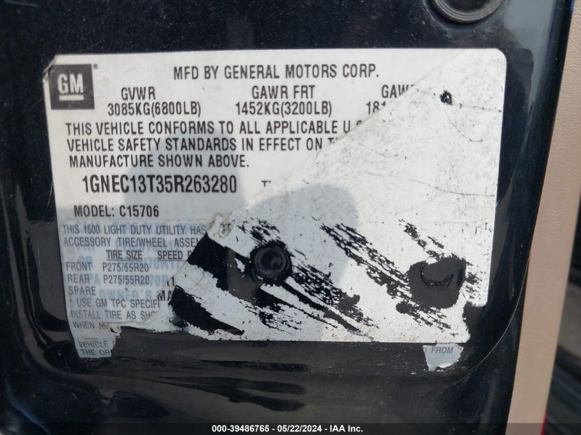 2005 Chevrolet Tahoe Lt VIN: 1GNEC13T35R263280 Lot: 39486765