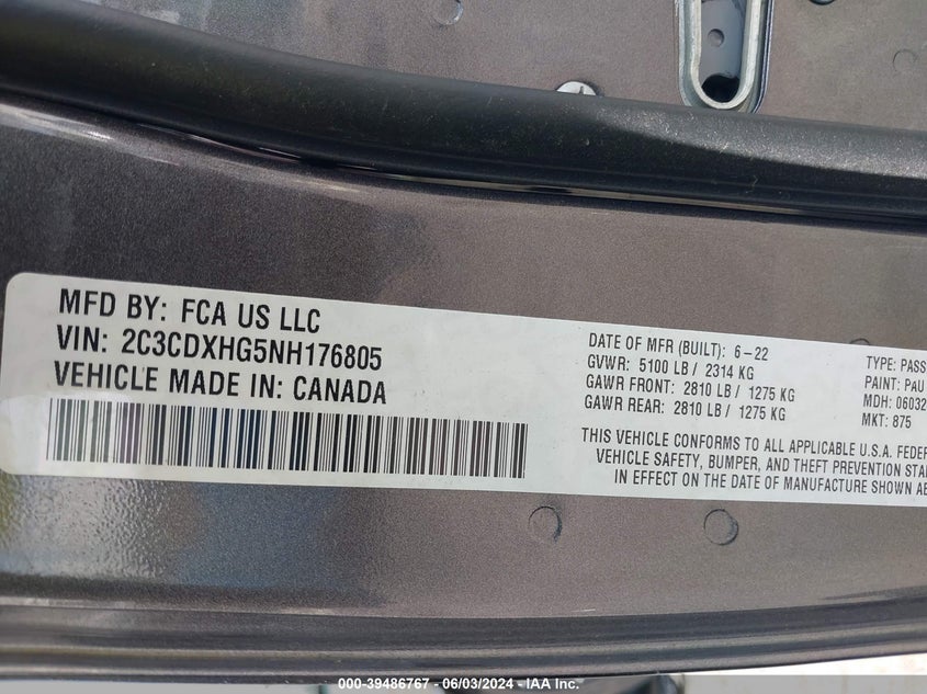 2C3CDXHG5NH176805 2022 Dodge Charger Gt Rwd