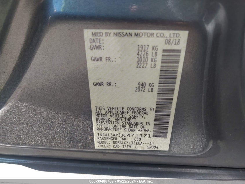 2018 Nissan Altima 2.5 S VIN: 1N4AL3AP3JC471171 Lot: 39486769