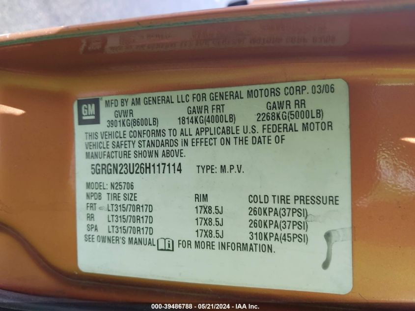 2006 Hummer H2 Suv VIN: 5GRGN23U26H117114 Lot: 39486788