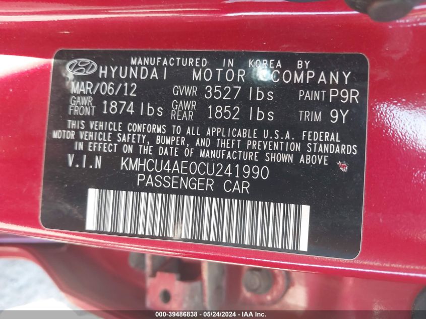 2012 Hyundai Accent Gls VIN: KMHCU4AE0CU241990 Lot: 39486838