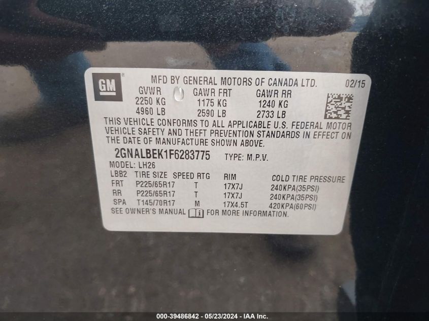 2015 Chevrolet Equinox 1Lt VIN: 2GNALBEK1F6283775 Lot: 39486842