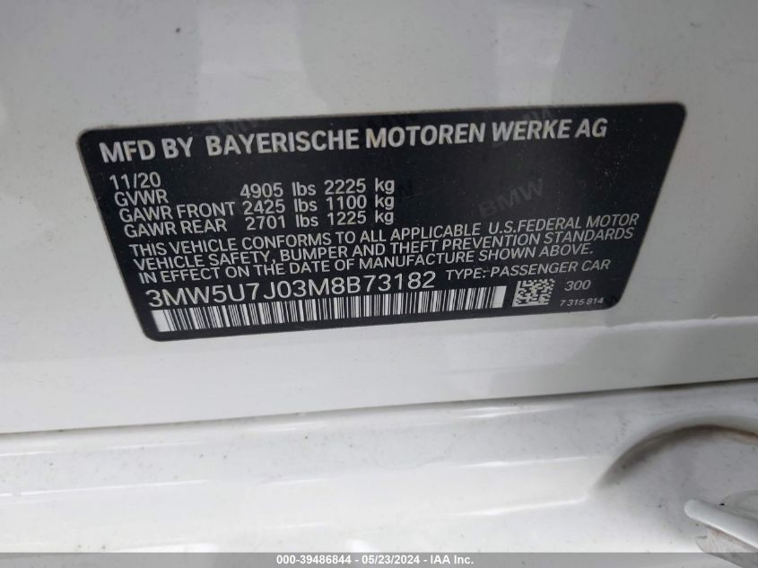 2021 BMW 3 Series M340I VIN: 3MW5U7J03M8B73182 Lot: 39486844