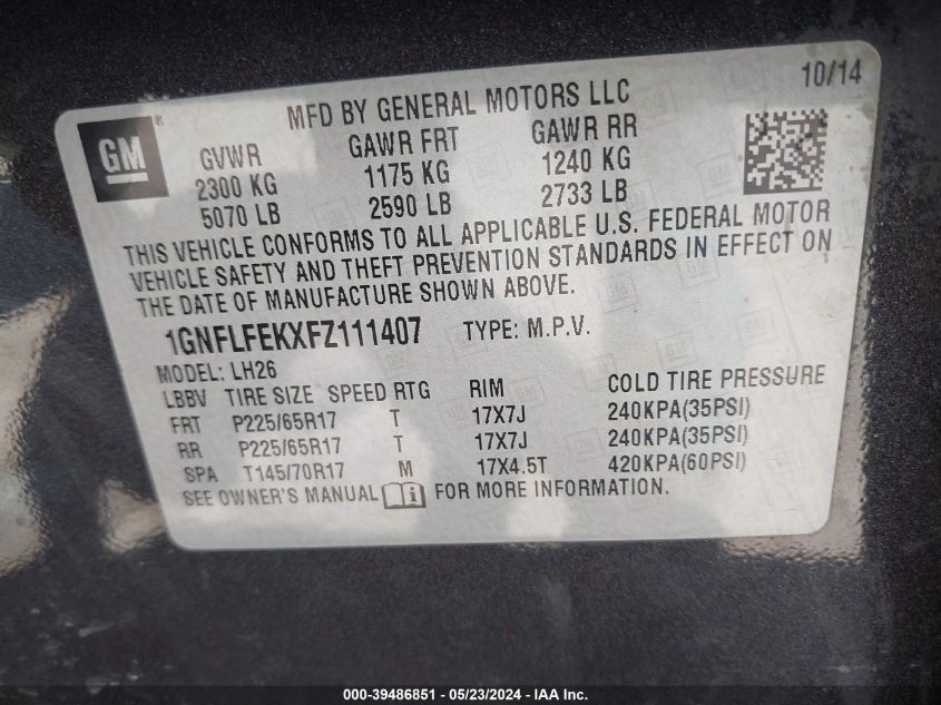 2015 Chevrolet Equinox 1Lt VIN: 1GNFLFEKXFZ111407 Lot: 39486851