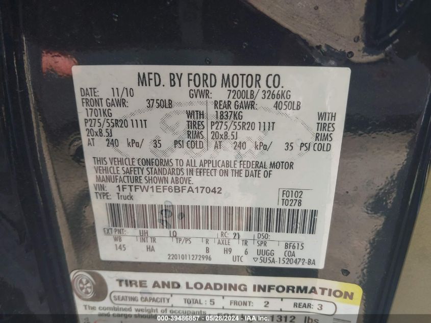 2011 Ford F-150 Lariat VIN: 1FTFW1EF6BFA17042 Lot: 39486857