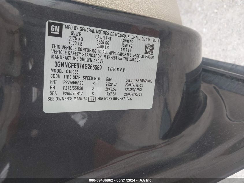 2010 Chevrolet Avalanche 1500 Lt1 VIN: 3GNNCFE07AG265589 Lot: 39486862