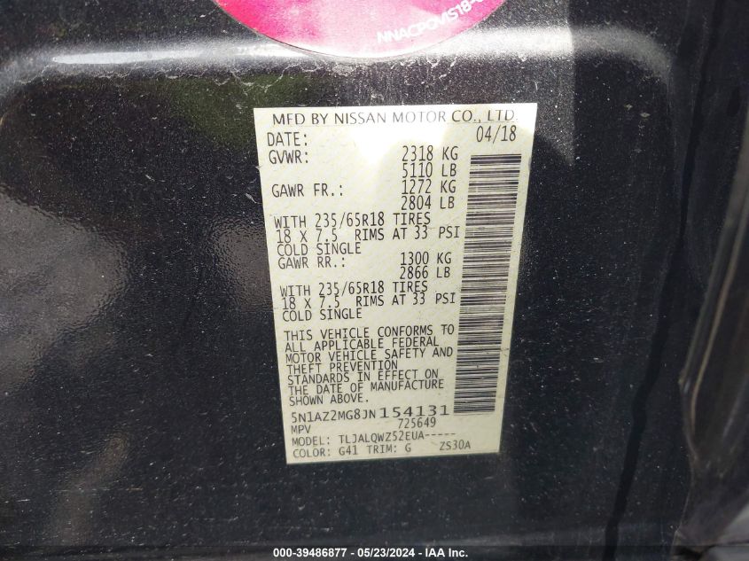 2018 Nissan Murano Sv VIN: 5N1AZ2MG8JN154131 Lot: 39486877