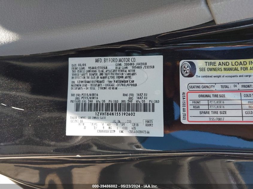 2005 Ford Mustang VIN: 1ZVHT84N155192602 Lot: 39486882