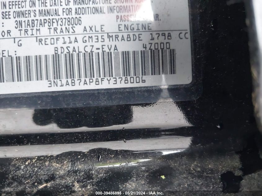 2015 Nissan Sentra S VIN: 3N1AB7AP8FY378006 Lot: 39486895