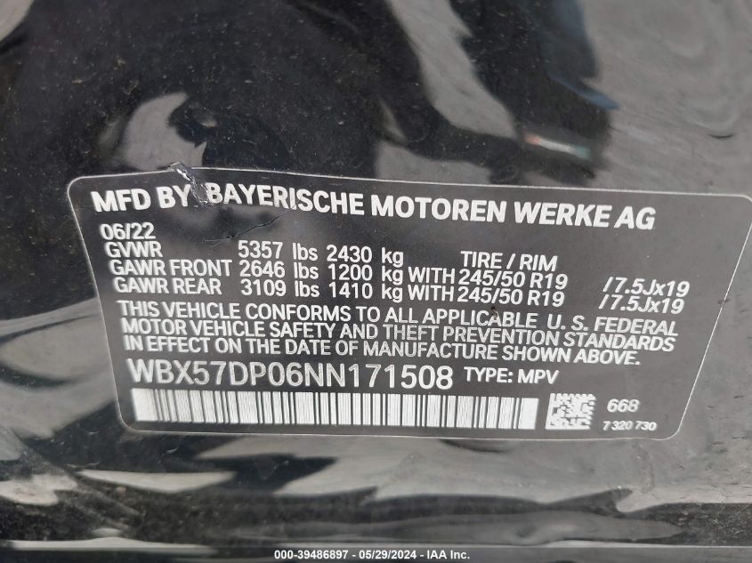 2022 BMW X3 xDrive30I VIN: WBX57DP06NN171508 Lot: 39486897
