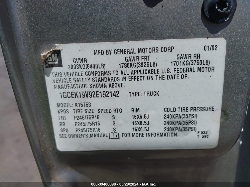 2002 Chevrolet Silverado 1500 VIN: 1GCEK19V92E192142 Lot: 39486898