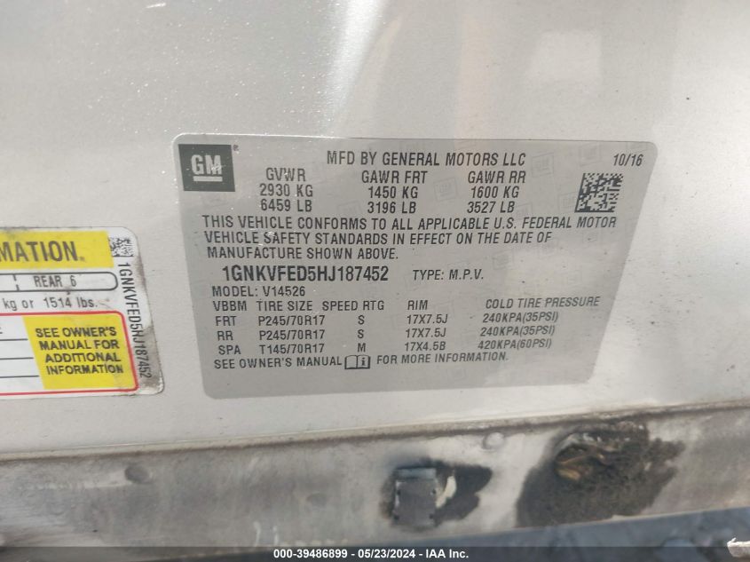 2017 Chevrolet Traverse Ls VIN: 1GNKVFED5HJ187452 Lot: 39486899