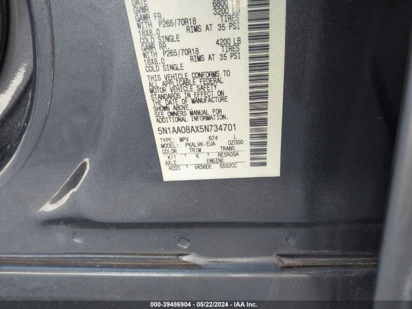 2005 Nissan Armada Le VIN: 5N1AA08AX5N734701 Lot: 39486904