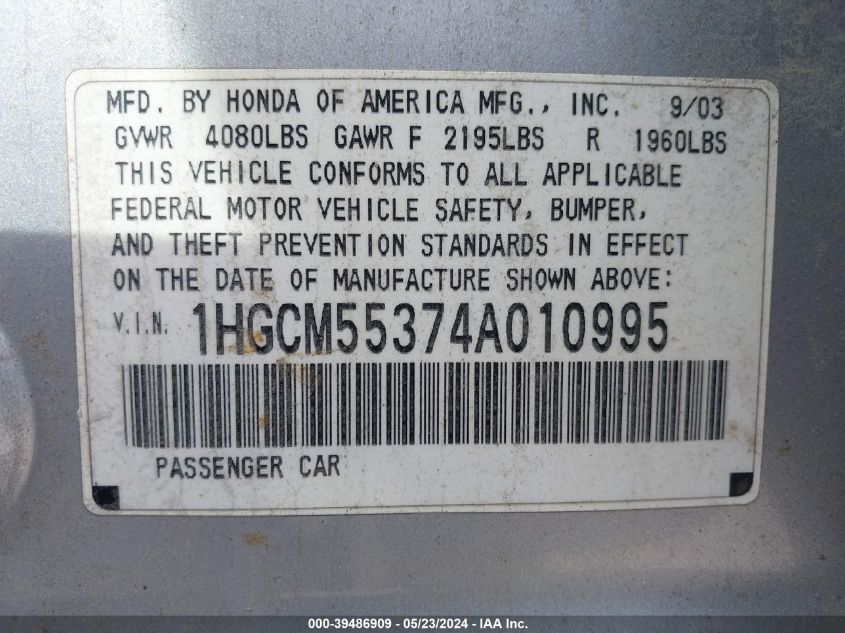 1HGCM55374A010995 | 2004 HONDA ACCORD